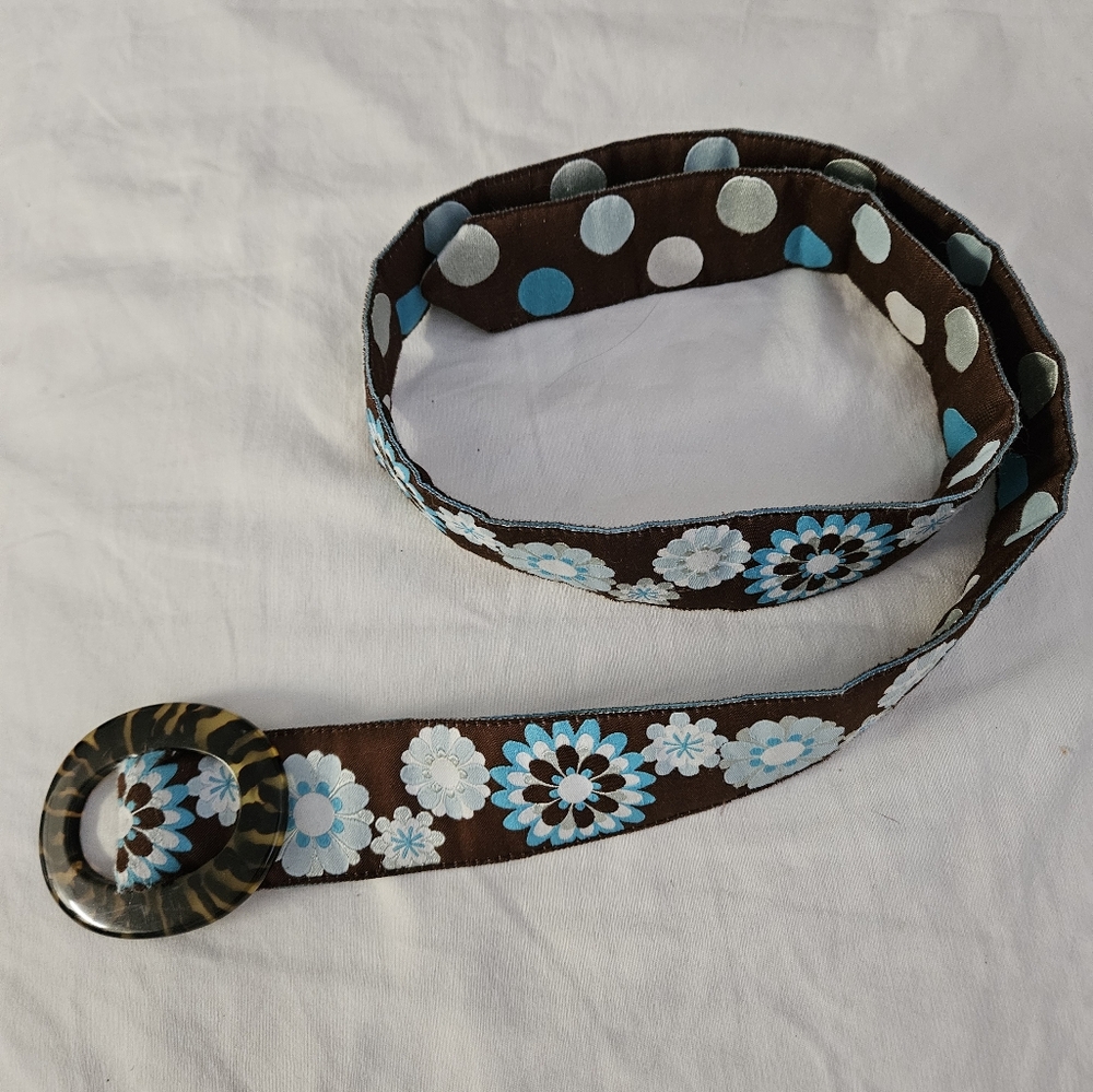 Vintage reversible belt tortoise buckle. Brown, Aqua blue & White fabric